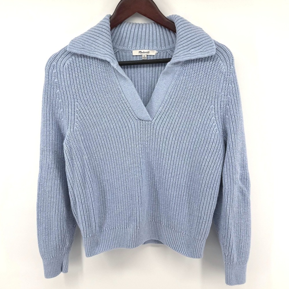 Madewell Shaker Stitch Johnny Collar Sweater Women XS Light Blue Cotton Cashmere